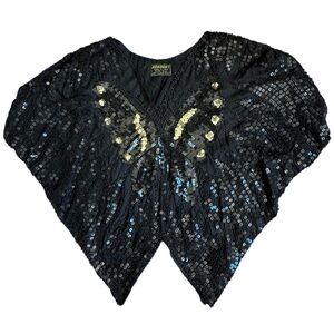 Nandans Vintage  Top Black Sequin Butterfly 100% Silk Womens